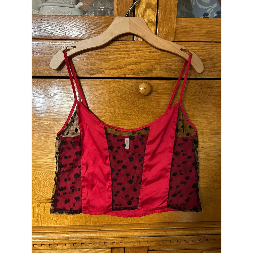 Y2K Whimsigoth Vamp Coquette Red Satin Black Dot Mesh Crop Camisole Top XL